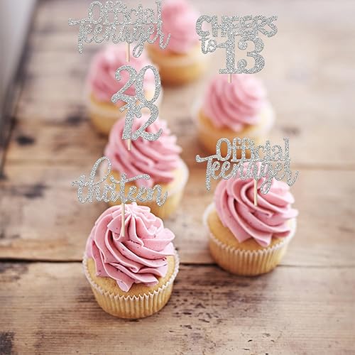 Miniatura 3 de Rsstarxi Paquete de 30 adornos con purpurina para cupcakes de cumpleaños número 13 desde 2011, Hello 13 Thirteen Official Teenager Cheers to 13