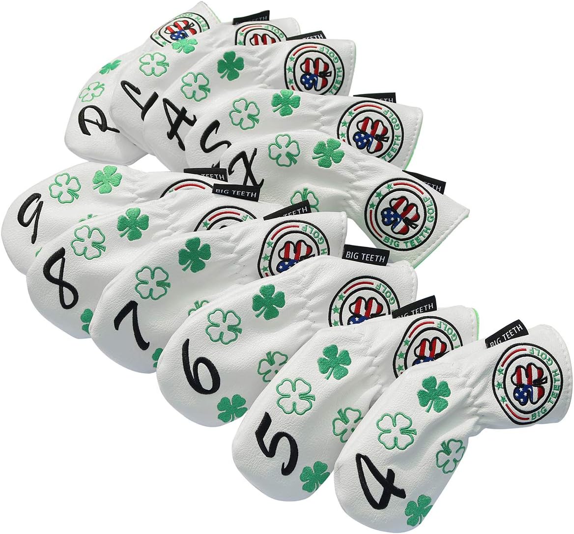Big Teeth Golf Cover Lucky Clover Headcover Covers, Driver Fairway Wood Hybrid Headcovers Fits Blade Mallet Putter Iron and Woods with Magnetic White Shamrock Head Club Protector Leather