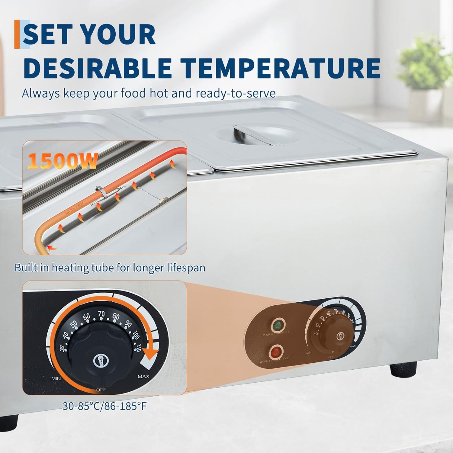 1500W Stainless Steel Commercial Steam Food Warmer with 2-Pan Bain Marie - Warming Trays for Buffets Party, Food Warmers for Parties Buffet Electric, Electric Buffet Servers and Warmers for Catering