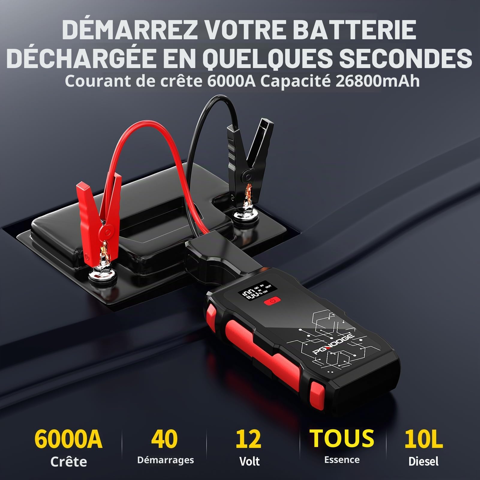 26800mAh 6000A Démarreur de Voiture 12V | Booster de Batterie, Moteurs jusqu'à 10L Diesel, Tous Essence, Start Booster Batterie Vehicule