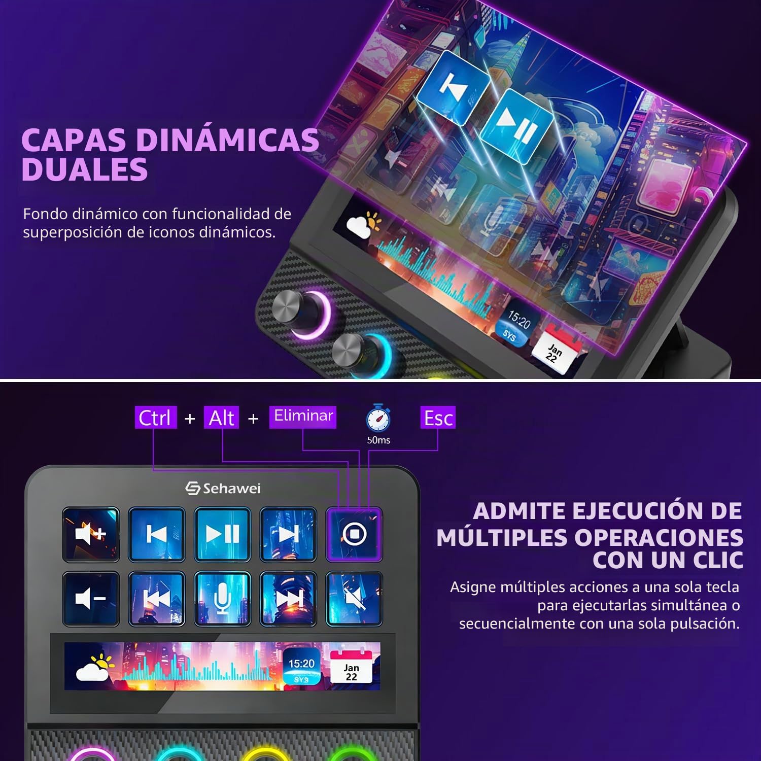 Sehawei Stream Controller Deck,Controlador de estudio, funciona en Mac y PC | 10 teclas macro,4 Customized knobs,Touch screen,activa acciones en apps y software como OBS, Twitch, YouTube y otros