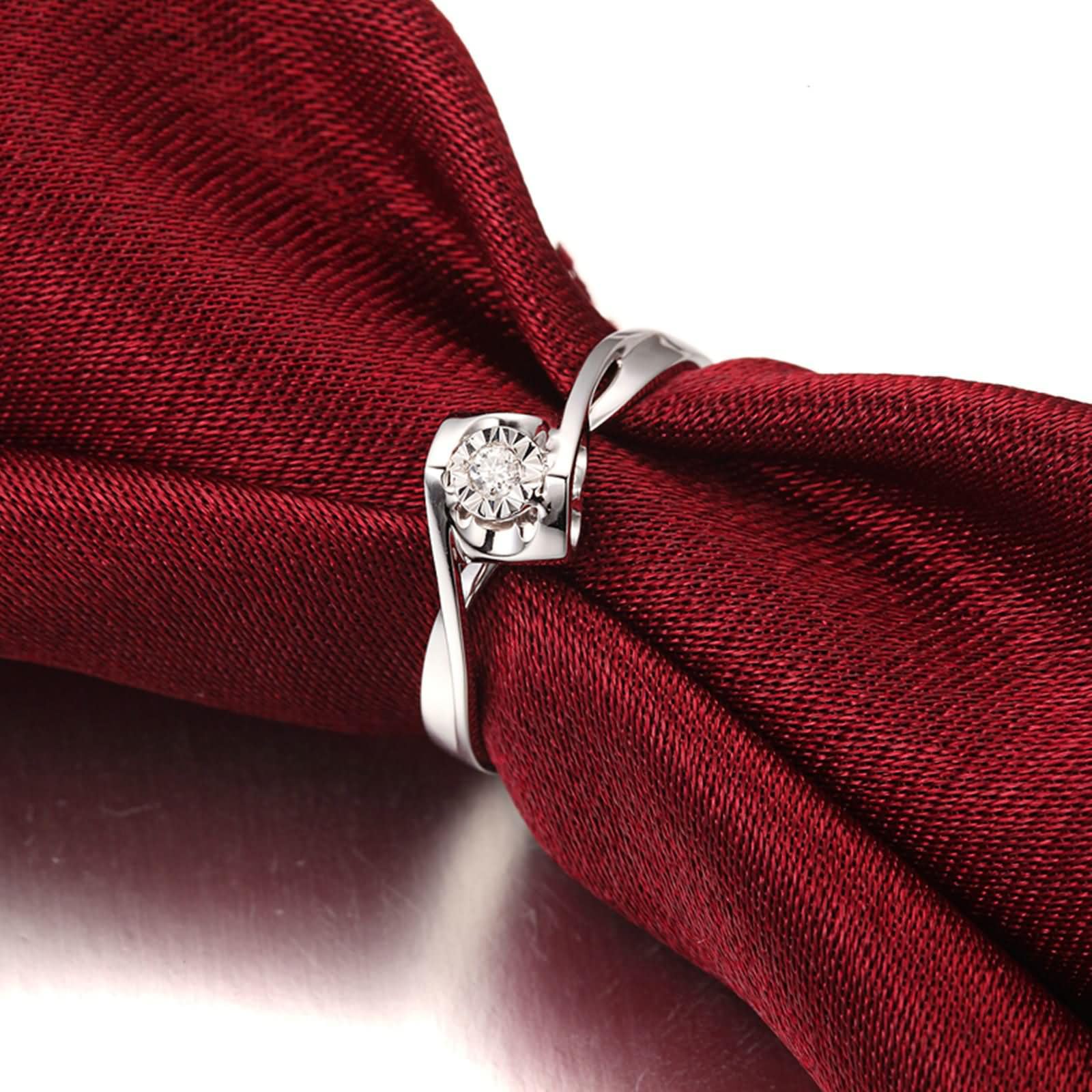 Anello Fidanzamento Donna Oro Bianco 9Kt / 14Kt / 18Kt, Cuore Cavo e Rotondo con Diamante da 0,03ct, Anelli Fedi Nuziali Argento Donna