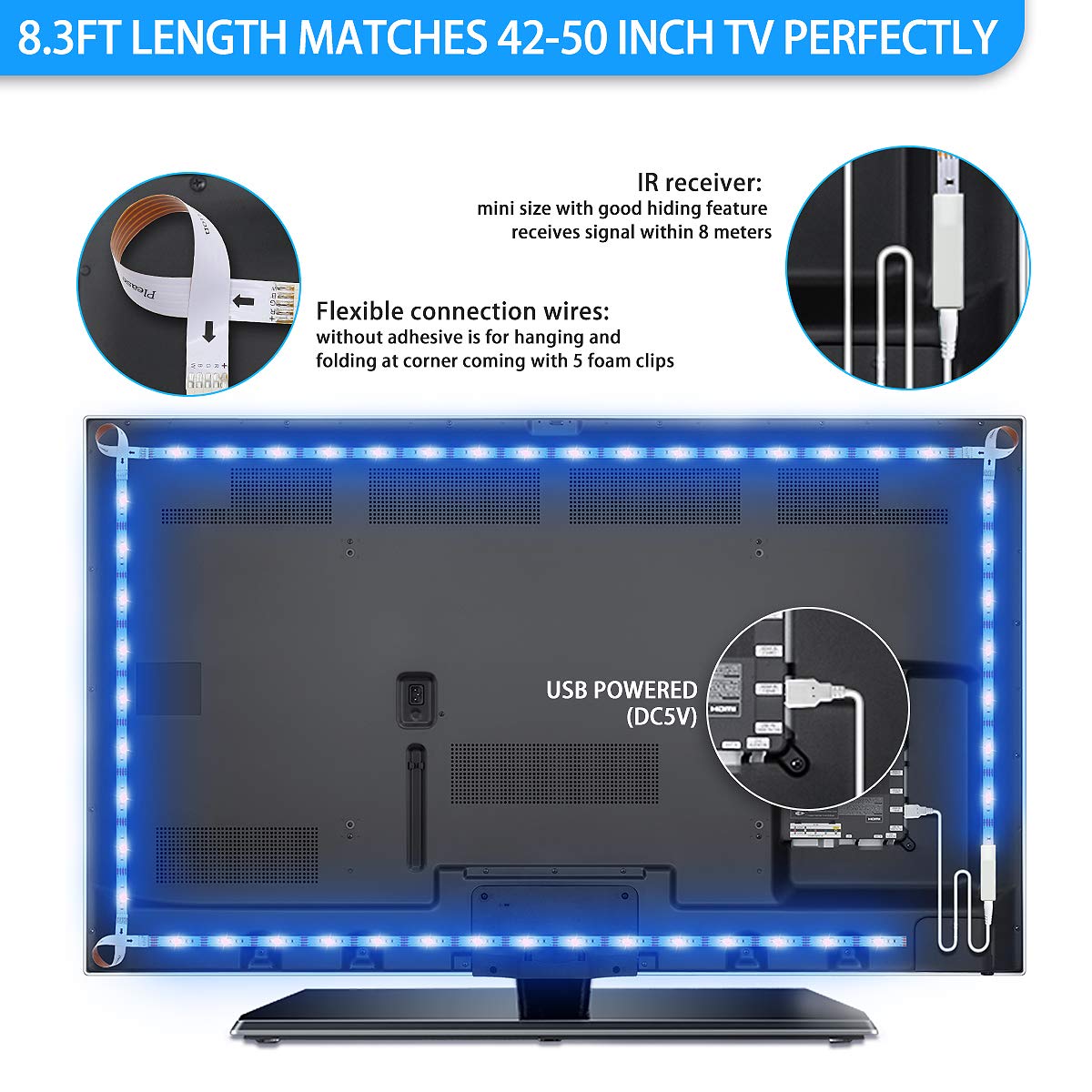 LED-Streifenlichter, 2.5 m, wasserdicht, RGBW 65536, Farbwechsel, Lichtschlauch mit Fernbedienung, 30 Minuten Timing-Off, 5 V, USB-betriebenes LED-Klebeband, Theater, Schlafzimmer