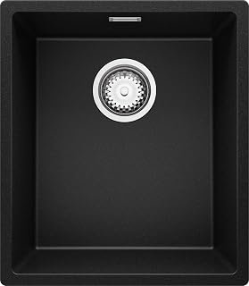 PRIMAGRAN Fregadero bajo Encimera Negro 41x47cm, Cocina 1 Seno + Sifón, Granito al Mueble 45cm - London S117