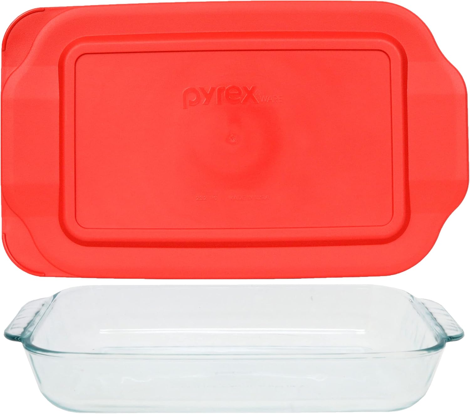 Pyrex (1) 232 Glass Baking Dish & (1) Pyrex 232PC Red Lid Made in the USA Home