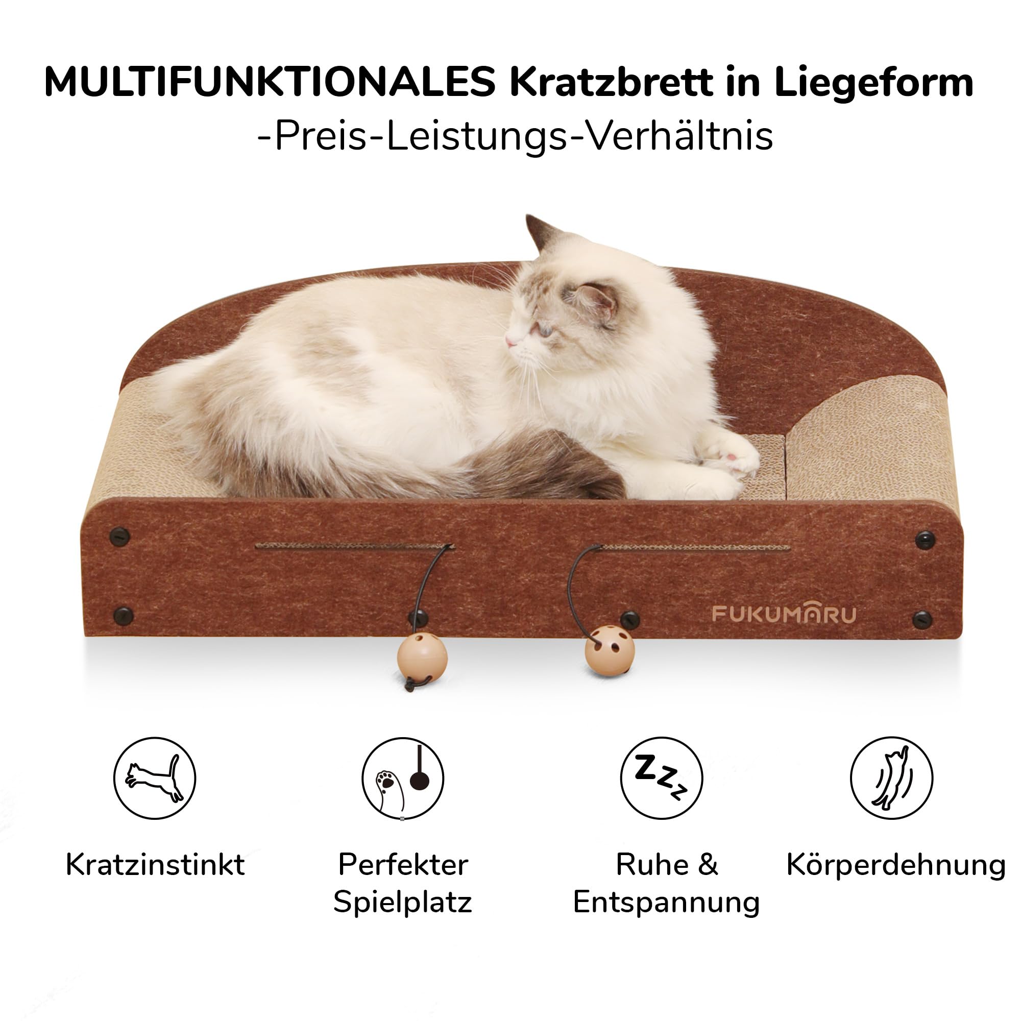 FUKUMARU Kratzbrett Katzen, 66CM langlebiges Kratzpappe und Filz, große Liege, 2 wendbare Katzenkratzpads für Katzen, recycelbares Katzenkratzbett aus Wellpappe mit Glockenballspielzeug, Karamellfarbe
