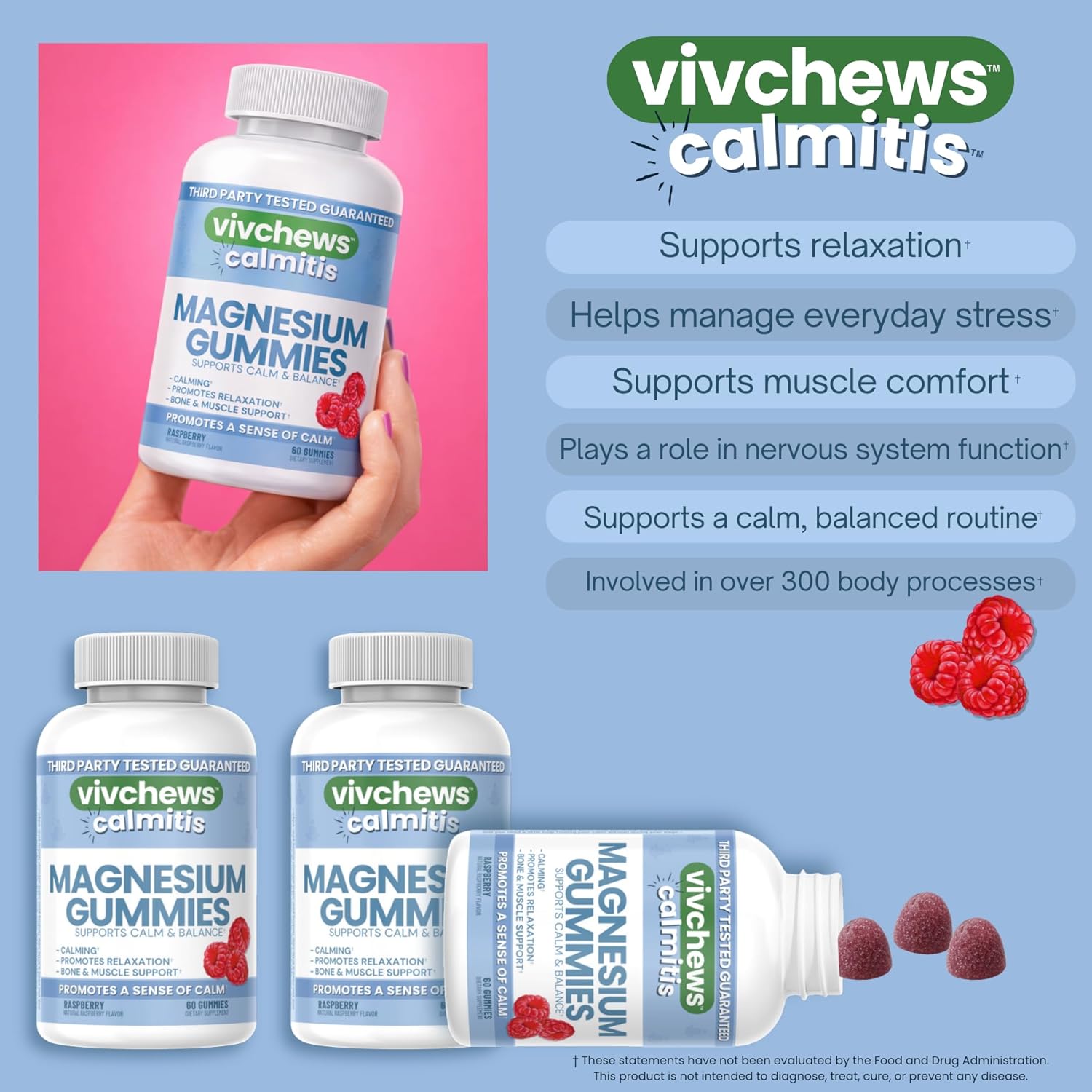 Calmitis Magnesium Gummies – Supports Calm & Balance, Magnesium Citrate, Natural Raspberry Flavor, Fruit Pectin Based, Gelatin-Free, Vegan, No Artificial Colors, Flavors or Sweeteners, 60 ct