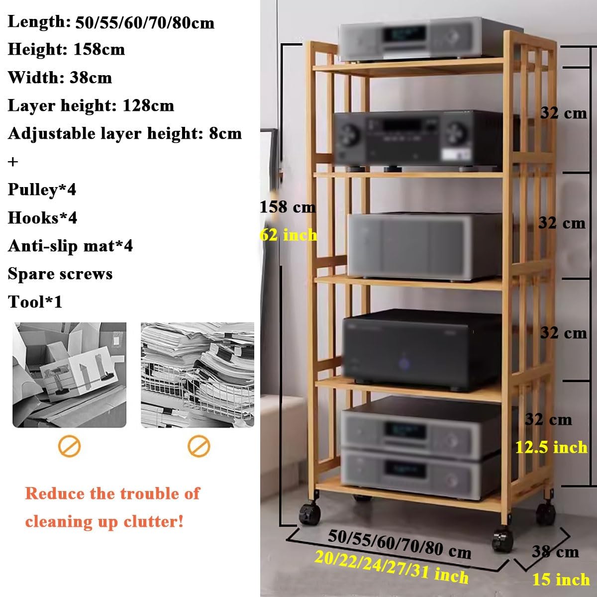 5 Tier Stereo Cabinet Furniture with Adjustable Shelf, Large Capacity Bamboo Media Storage Rack, Corner Bookshelf for Office/Home Theater(W-55CM)