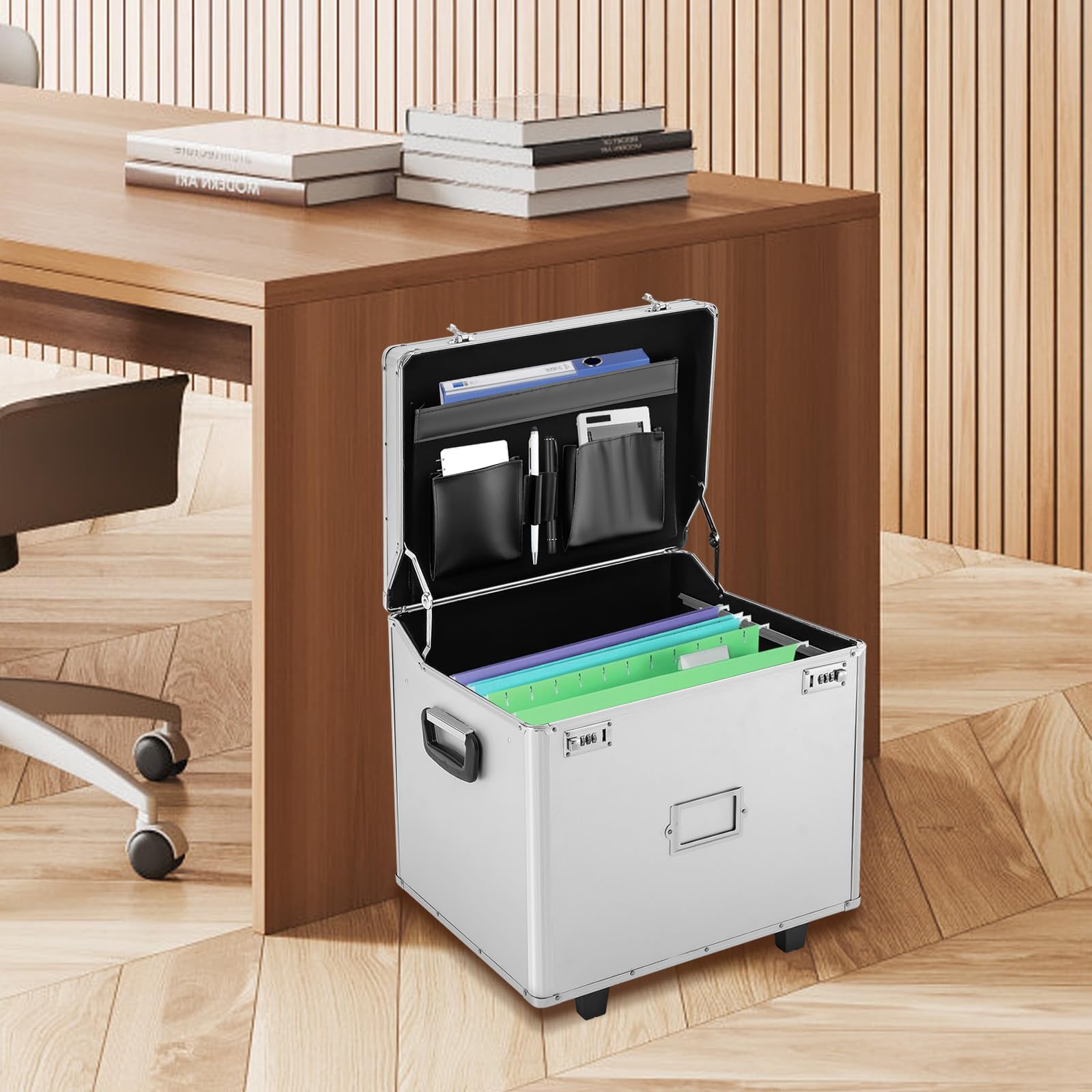 sertheha Portable File Organzier Box, Fireproof Rolling Document Box with Handle, Aluminum Alloy Locking File Organzier Storage Box for Hospitals Schools Banks Homes Offices