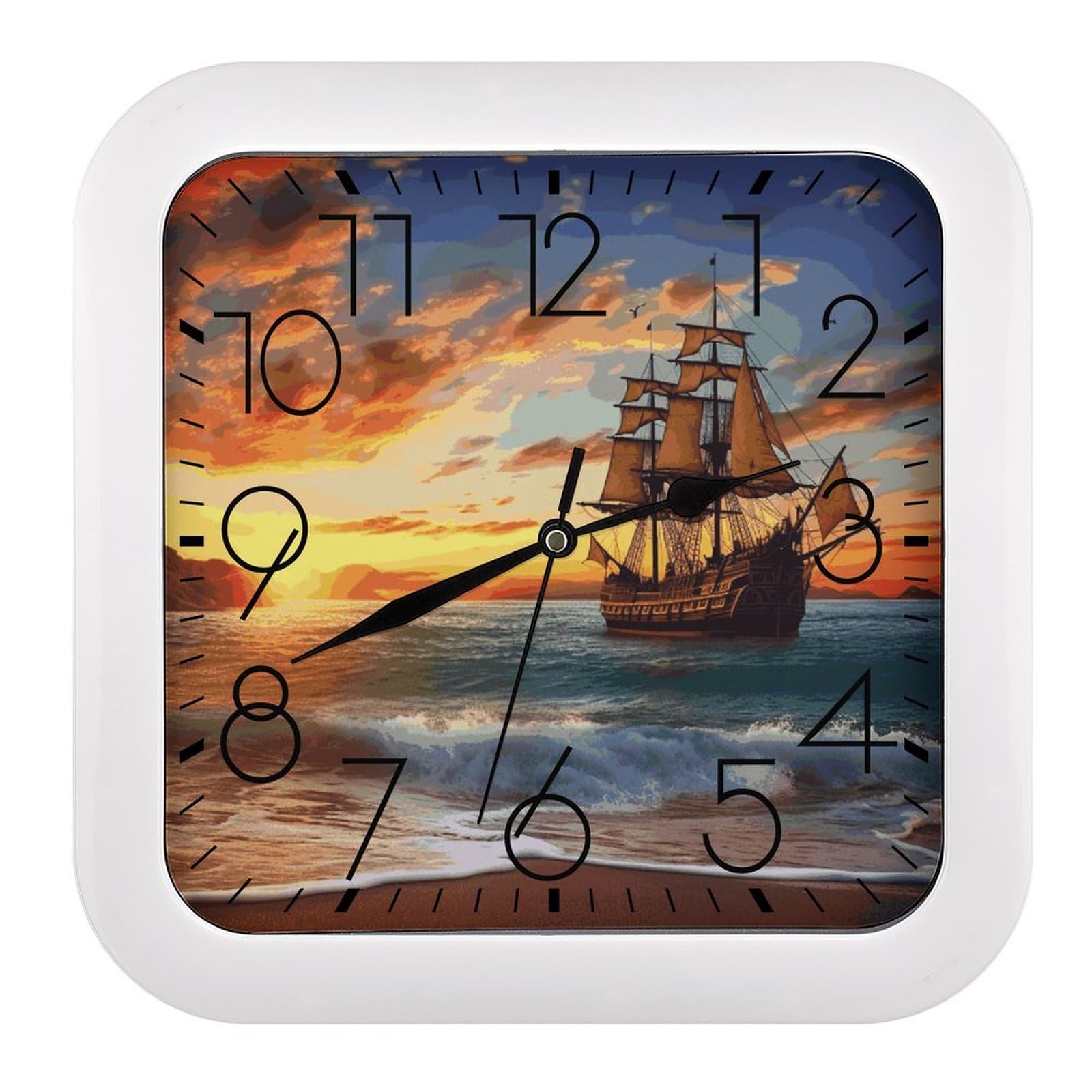 JTREHY Pirate Ship in The Sunset Wall Clock The Sound is Soft Square Timepiece Fashion Precise Easy to Read Numbers | Perfect Living Room Kitchen Or Office Clocks