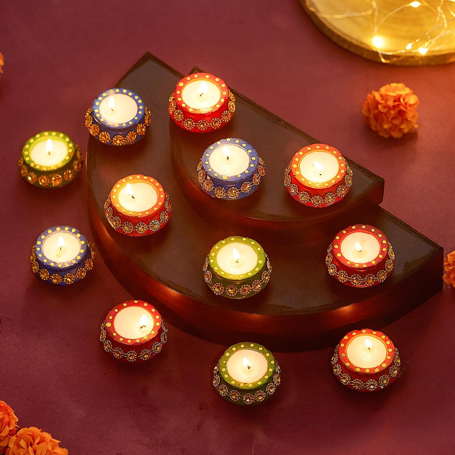 TIED RIBBONS Handmade Clay Wax Filled Diyas Earthen Diya (Pack of 12) for Diwali Decoration Home Puja Pooja Room Office Mandir Temple Table Dipawali Decor Items (Multi, 4.75 cm x 2.5 cm)