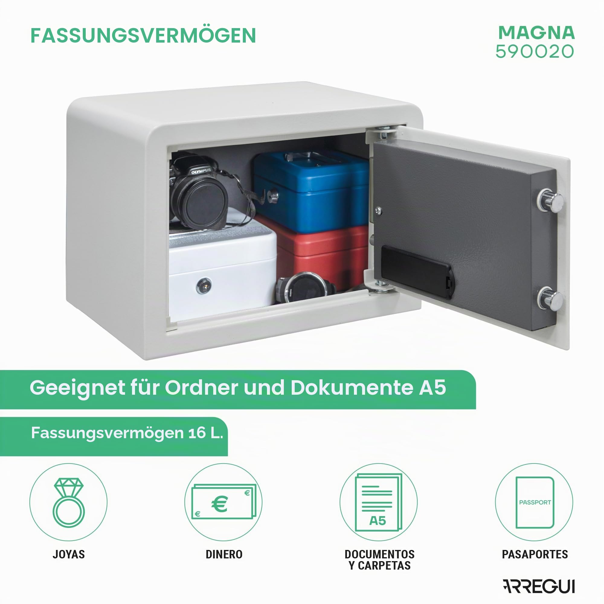ARREGUI Magna 590020 Möbeltresor mit 2 Faktor-Sicherheitsschloss: Zahlencode + Schlüssel | Safe Tresor mit Doppelbolzen Verriegelung | Kleiner Tresor für Zuhause, Büro oder Gewerbe | 25x35x25cm | 16L