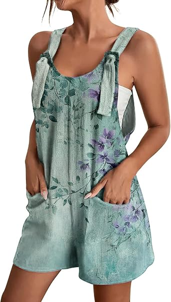 Women Floral Romper Shorts Sleeveless Wide Shoulder Strap with Pockets Classic Summer Beach Womens Rompers Jumpsuit