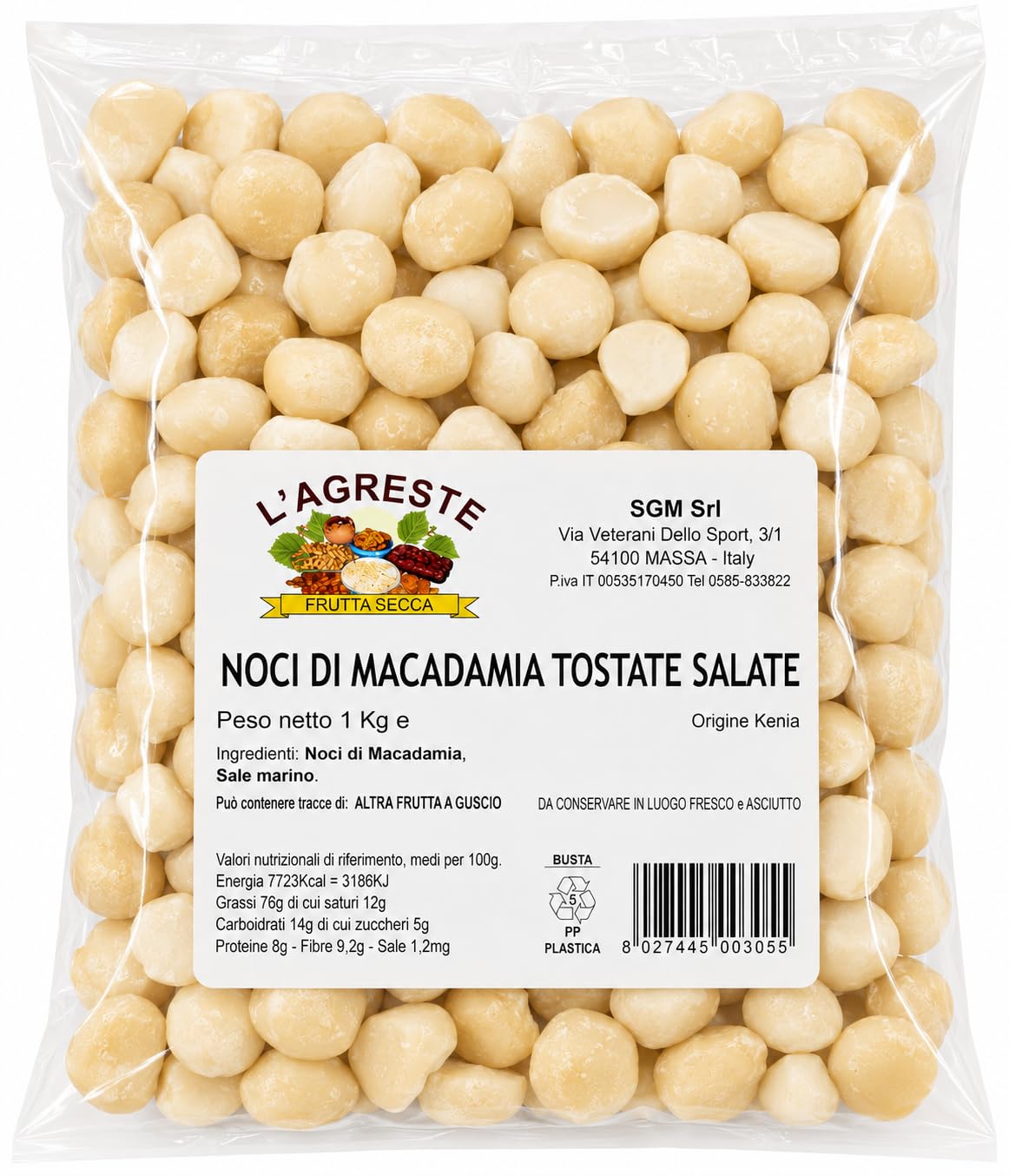 L'AGRESTE NOCI DI MACADAMIA TOSTATE E SALATE 1 KG | MACADAMIA SGUSCIATE PREMIUM | SNACK CROCCANTE E CREMOSO | IDEALI PER DIETE, COLAZIONE E SNACK | CONFEZIONE SALVAFRESCHEZZA 2 x 500g