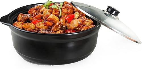 Cacerola con tapa de 3 cuartos de galón grande de cerámica profunda tapa de vidrio transparente doble asas para el hogar cocina