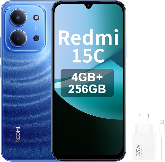 XIAOMI Redmi 15C - Smartphone de 4 + 256 GB, luz de luna azul, pantalla de 6,9" 120Hz, MediaTek Helio G81-Ultr, cámara de 50 MP, 6000 mAh, no incluye cargadores, incluye cargador de 33 W