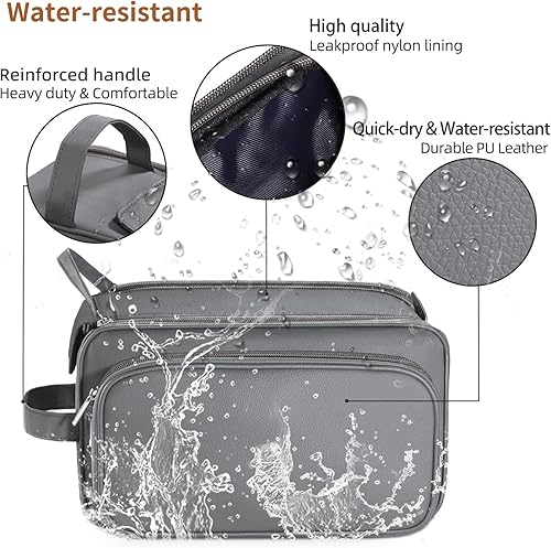 Miniatura 5 de Neceser grande para hombre, organizador de artículos de tocador de viaje de piel sintética, kit de Dopp, bolsa de afeitar resistente al agua para