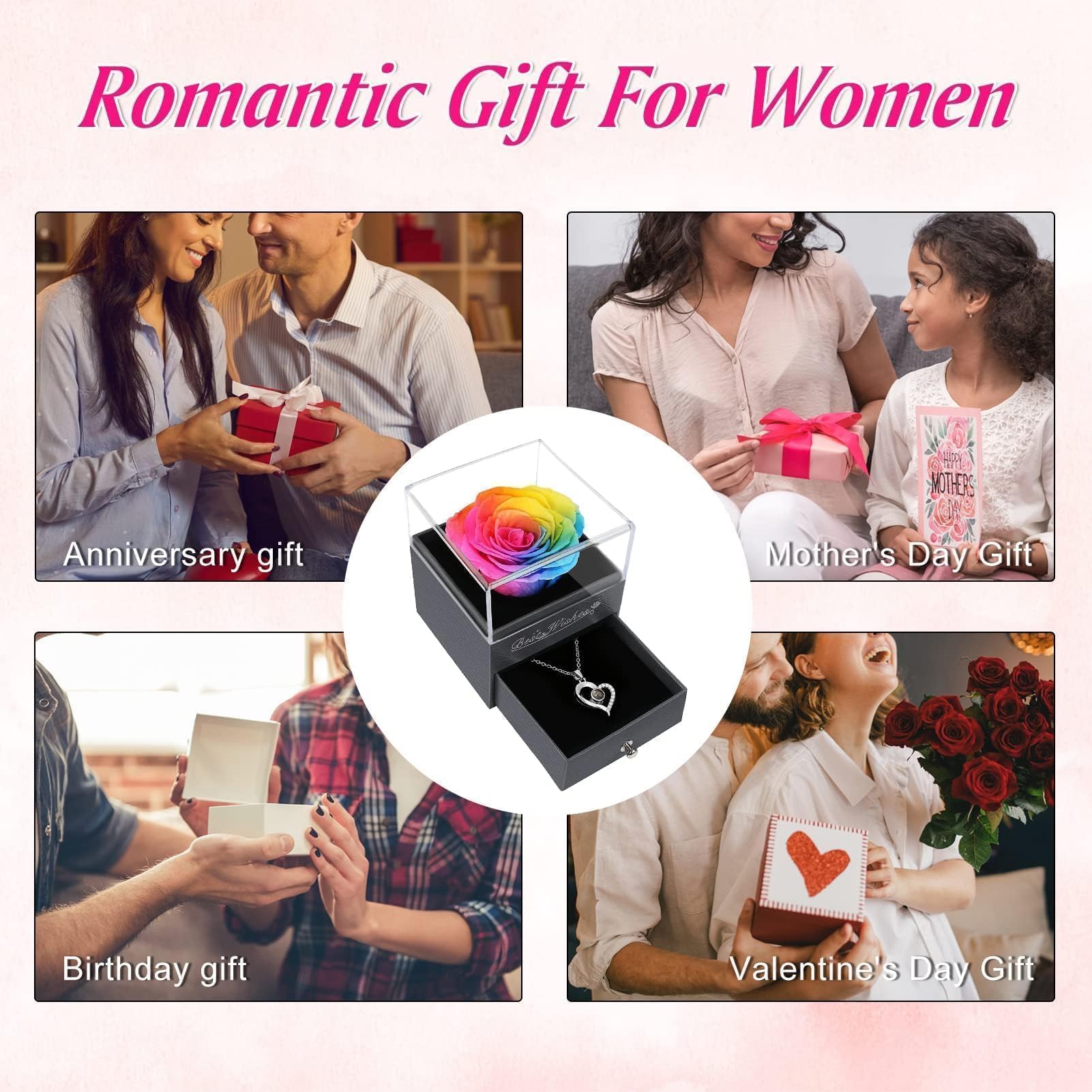 Childom Birthday Gift for Women,Rainbow Preserved Flowers Rose Gifts for Mum,Christmas Rose Gifts For Women Her Friend,Romantic Valentines Present for Teacher Wedding Anniversary Engagement Graduation