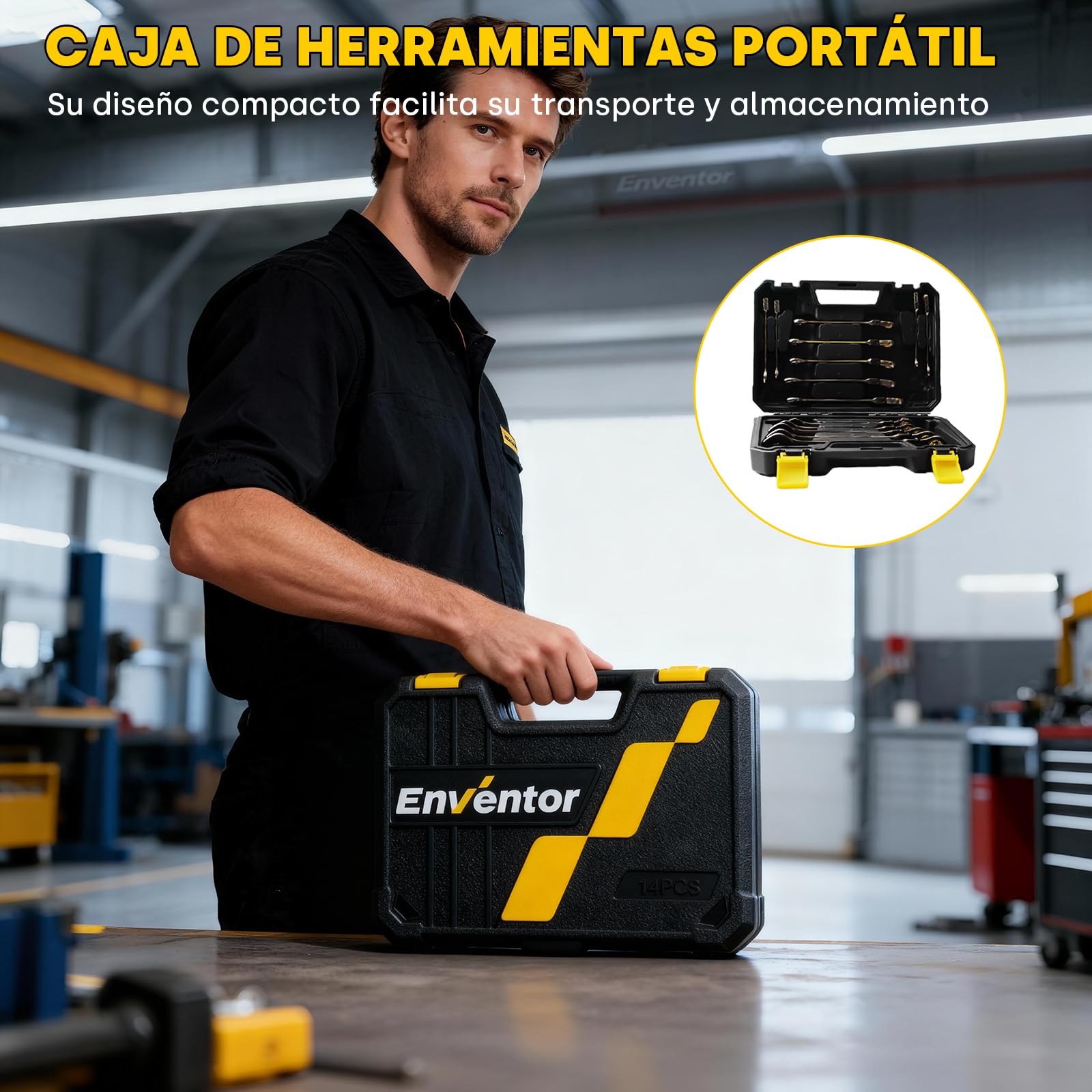 Enventor Llaves Fijas con Carraca de 14pcs, Juego de Llaves Combinadas con Carraca 6mm a 19mm, Acero Cromo Vanadio, Niquelado Negro, 90T, Cabezal Giratorio de 180°, Arco de Giro de 4°, Caja