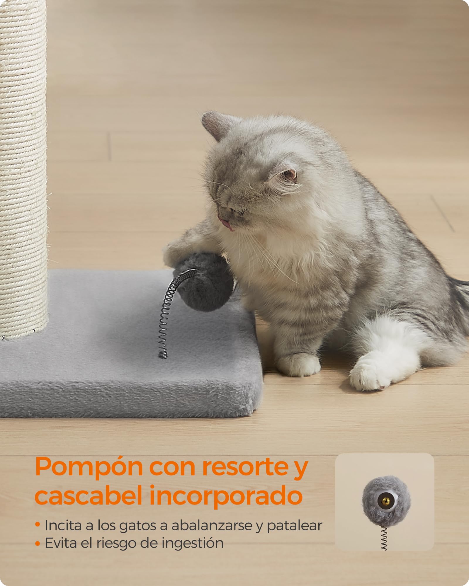 Feandrea Poste Rascador para Gatos, 85 cm de Alto, Gatos Medianos y Grandes, Poste Rascador de Sisal, Pompón de Muelle con Campana, Gris Paloma PCA041G01