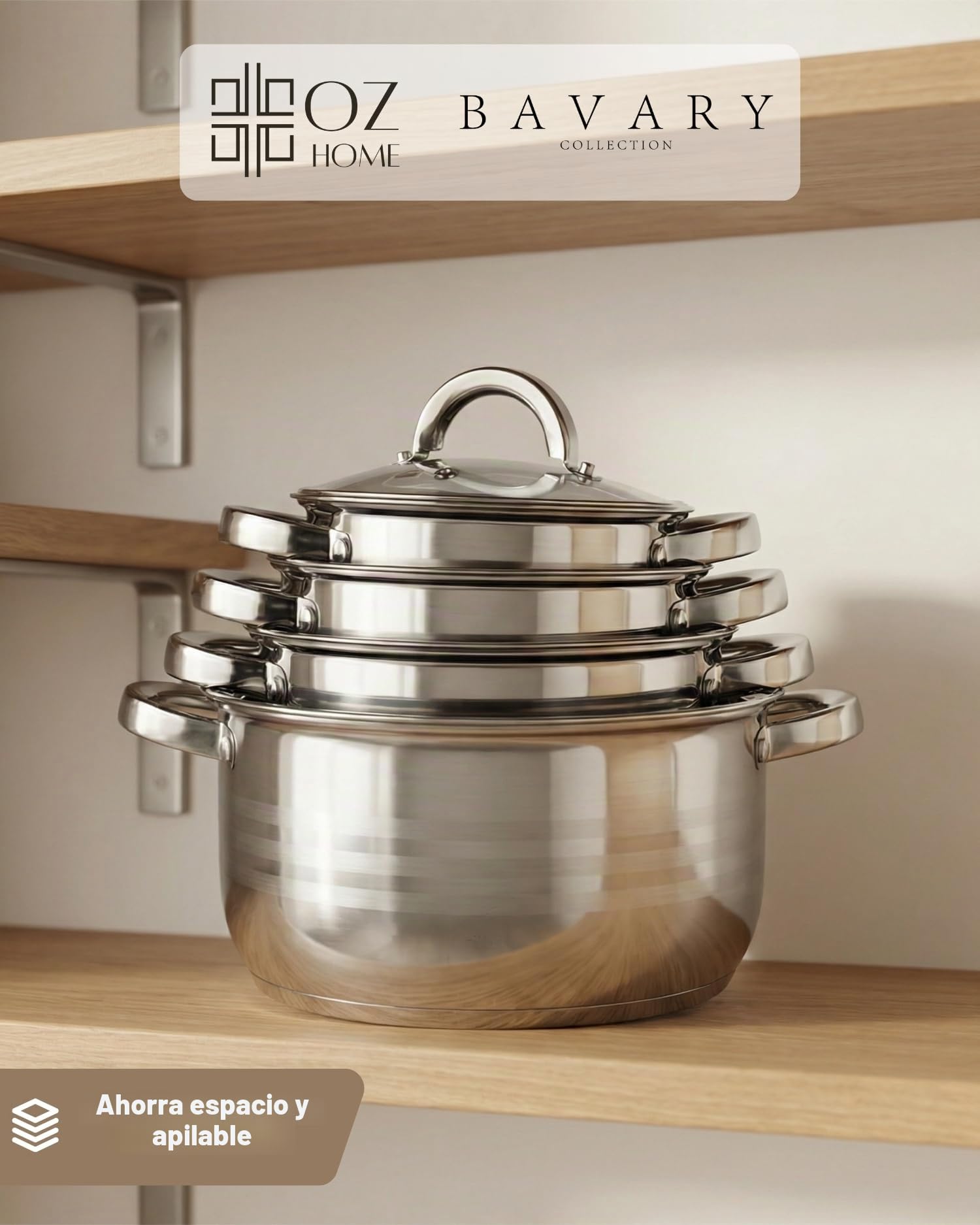 Bavary Bateria De Cocina 8 Pzs - Juego De Ollas Y Sartenes, 18/10 Ollas Acero Inoxidable - Cacerolas De Cocina Induccion - Cazo Cocina, Tapas Vidrio,Capsulado,Eco,Apilable - Todo Fuego Ceran/Gas