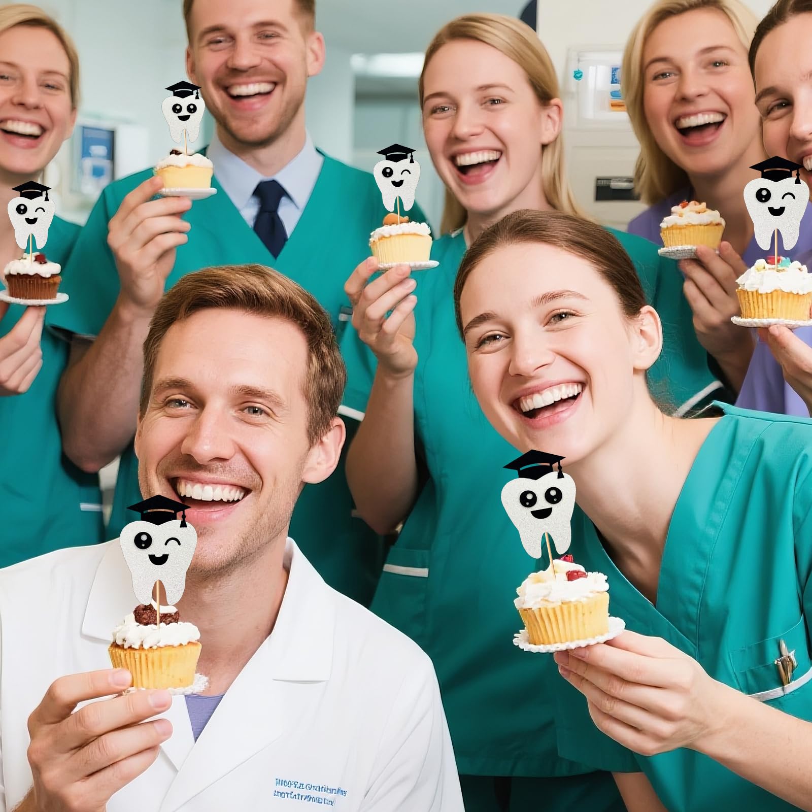 24 Pcs Congrats Dentist Graduation Cupcake Toppers, 2 Glitter Tooth Designs with Cap - Image 4