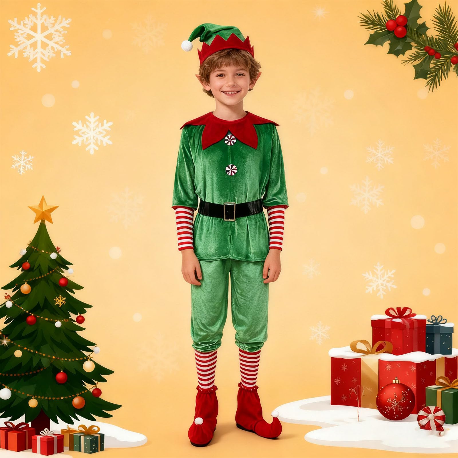 Generisch Costume da Babbo Natale per bambini: camicetta, pantaloni, cappello, copriscarpe – perfetto per ragazzi adolescenti, cosplay, feste di famiglia.