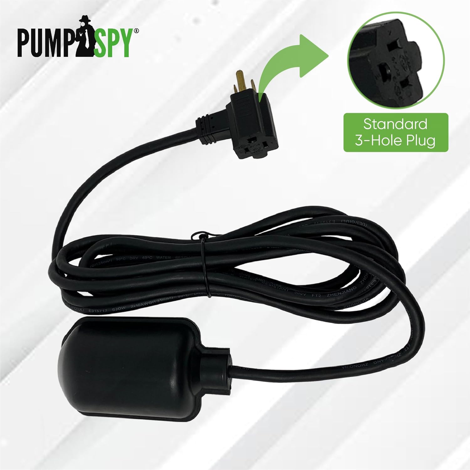 PumpSpy Sump Pump Tethered Universal Float Switch Replacement with Piggyback Plug for Sewage, Reliable Water Level Performance - 10 foot cord
