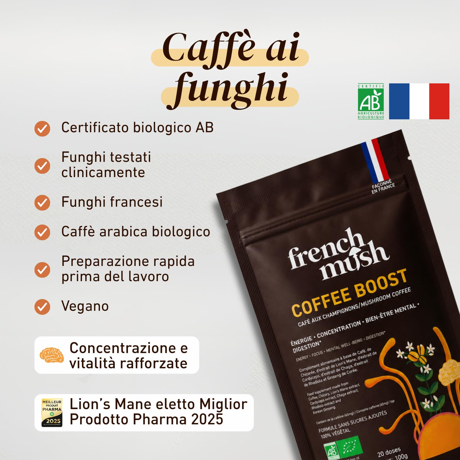 French Mush BOOST - Caffè Bio con Funghi | Caffè, Cicoria, Lion’s Mane, Chaga, Maitake & Pleurotus | Bevanda Vegetale - Senza Zuccheri Aggiunti - Prodotto in Francia - 20 Dosi