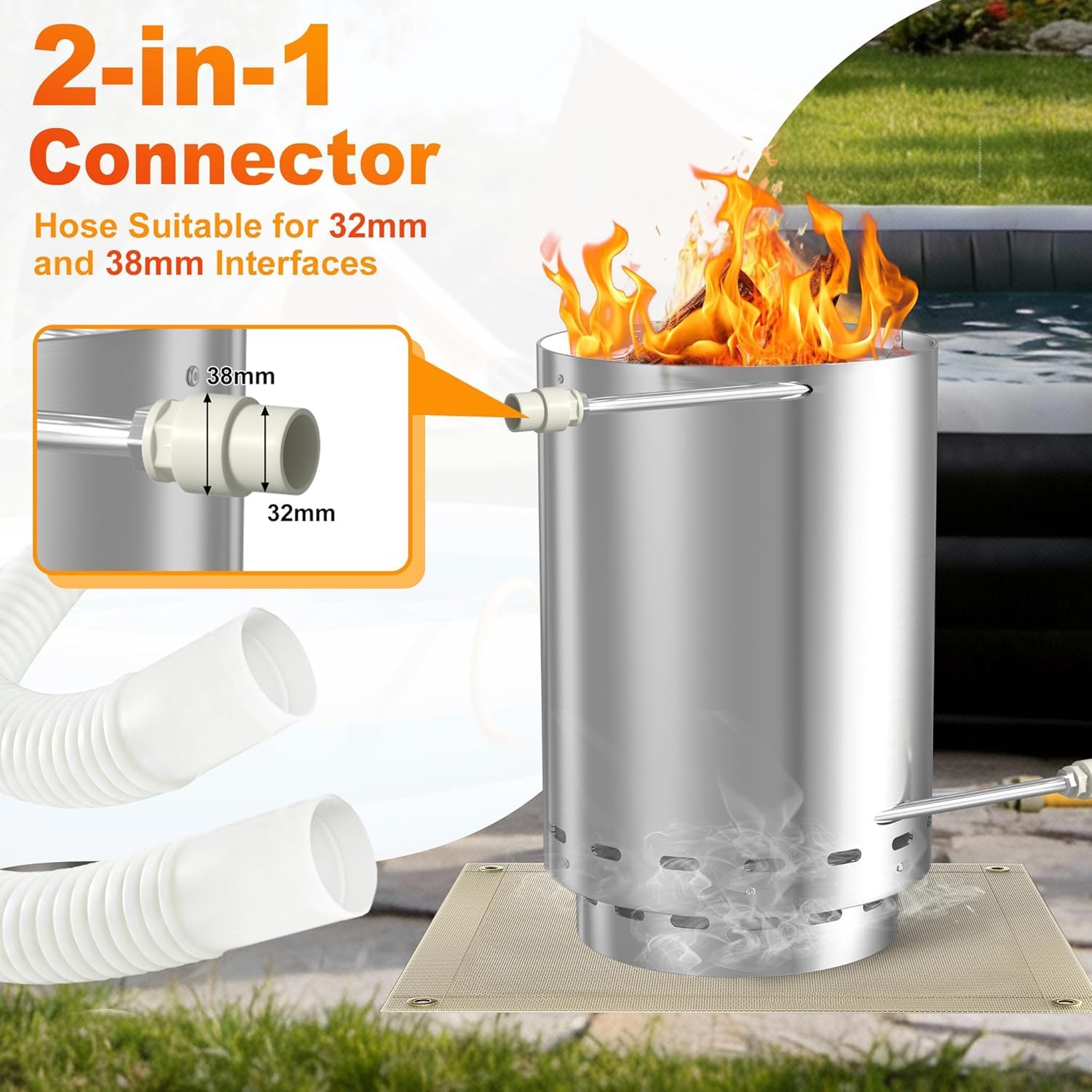 NAIZY Riscaldatore per piscina, in acciaio inox, con attacchi Ø 32/38 mm, con tappetino ignifugo e ciotola per cenere, secchio riscaldato per piscina riscaldata, colore argento