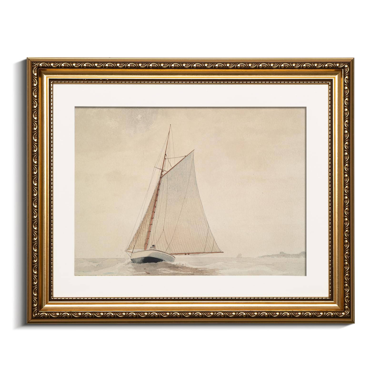 VIYYIEA Gold Framed Wall Art Canvas Print Home Decor for Living Room White Sailboat Seascape Watercolor Vintage Beach Painting on Canvas - Coastal Wall Art Prints for Bedroom Office Bathroom 13x16in