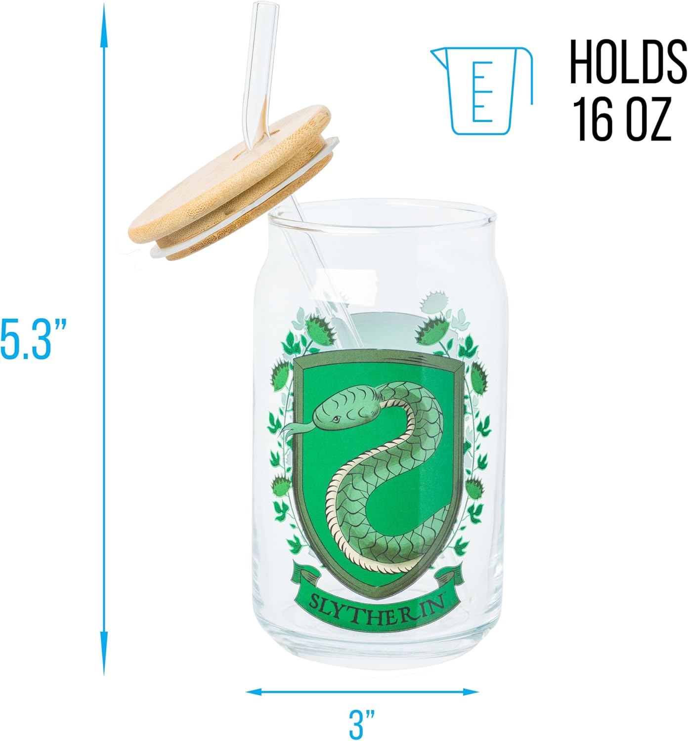 Silver Buffalo Harry Potter Slytherin House Crest Glass Tumbler with Bamboo Lid and Glass Straw, 16 Ounces - Image 2