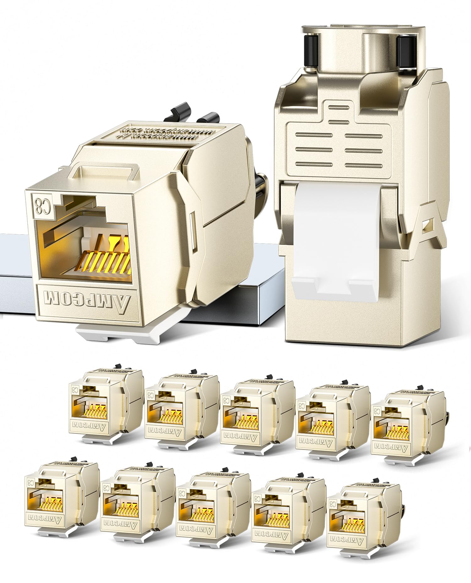 AMPCOM STP Self-Locking Zinc-Alloy CAT8 RJ45 Keystone Jack with Zip Tie Free Design, High Speed 40Gbps Tool-Free Network Connector 12-Pack