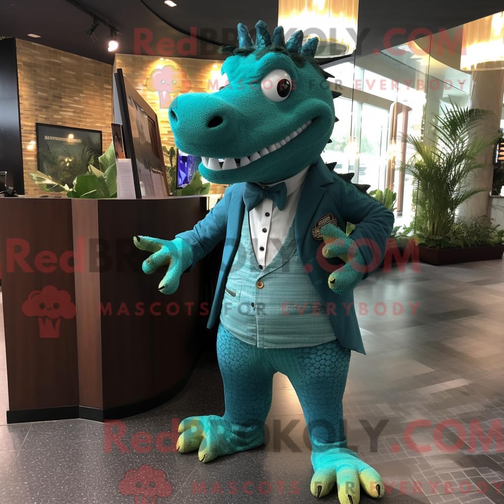Blaugrünes Krokodil-Maskottchen-Kostüm, gekleidet mit Anzugjacke und Haarnadeln