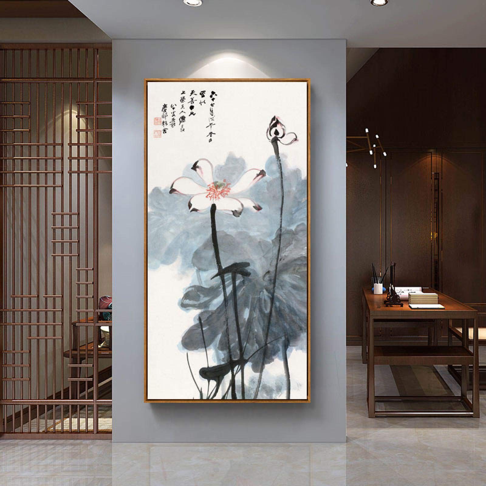 Impresiones de carteles Loto chino Arte de la pared abstracto Pinturas en lienzo Estirada y enmarcada Imagen artística para la decoración del hogar 45x90cm marco interior