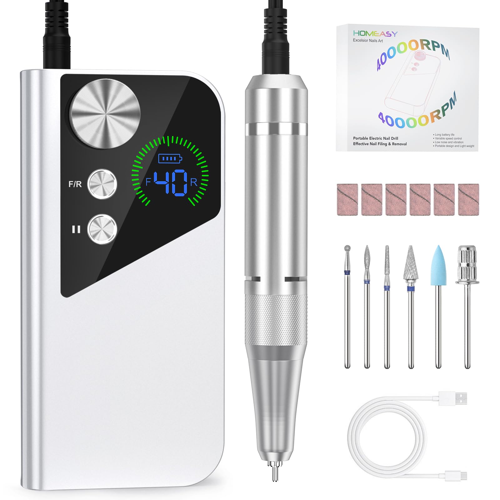 HOMEASY Nagelfräser 40.000 U/min Profi. Tragbar Fräser Nägel Elektrische Nagelfeile Wiederaufladbare Fräser für gelnägel Nagellack Maniküre Set mit 6 Nagel Bits LCD Anzeige F/R Richtung Weiß