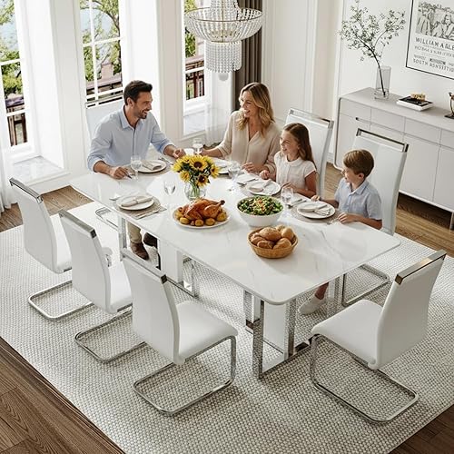 Miniatura 3 de Juego de mesa de comedor MEMUY para 8, 79" Juego de mesa de comedor de mármol falso para 8 con superficie brillante blanca, juego moderno de mesa de