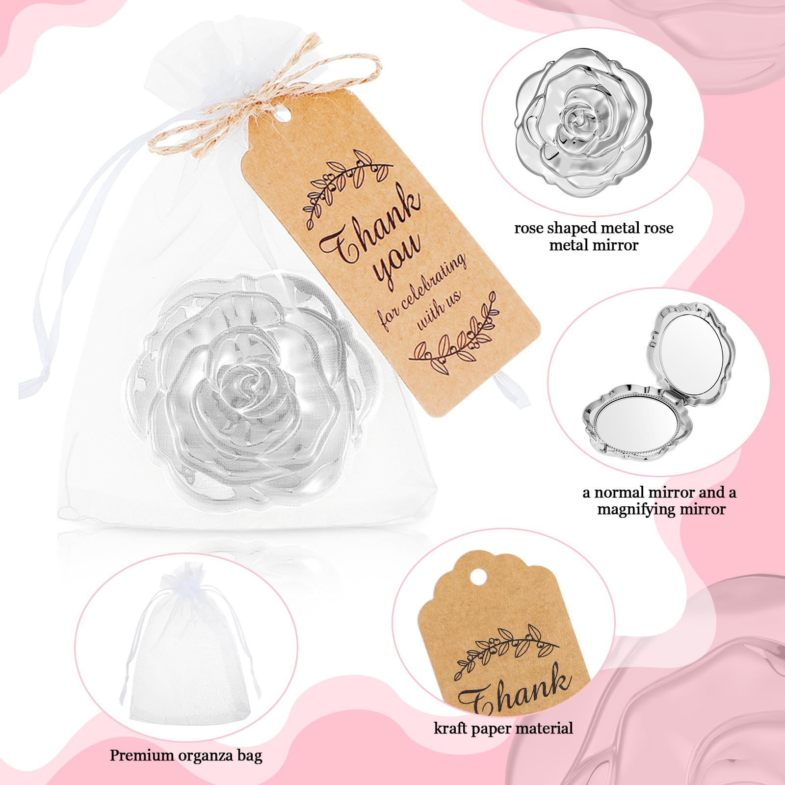 Woanger Quinceanera Taschenspiegel-Set, 36 Stück, süß, 16 Gastgeschenke, Spiegel, Dankeschön-Etiketten, weißer Organza-Beutel für Brautparty, Hochzeit, Junggesellinnenabschied, Souvenir, Gastgeschenk