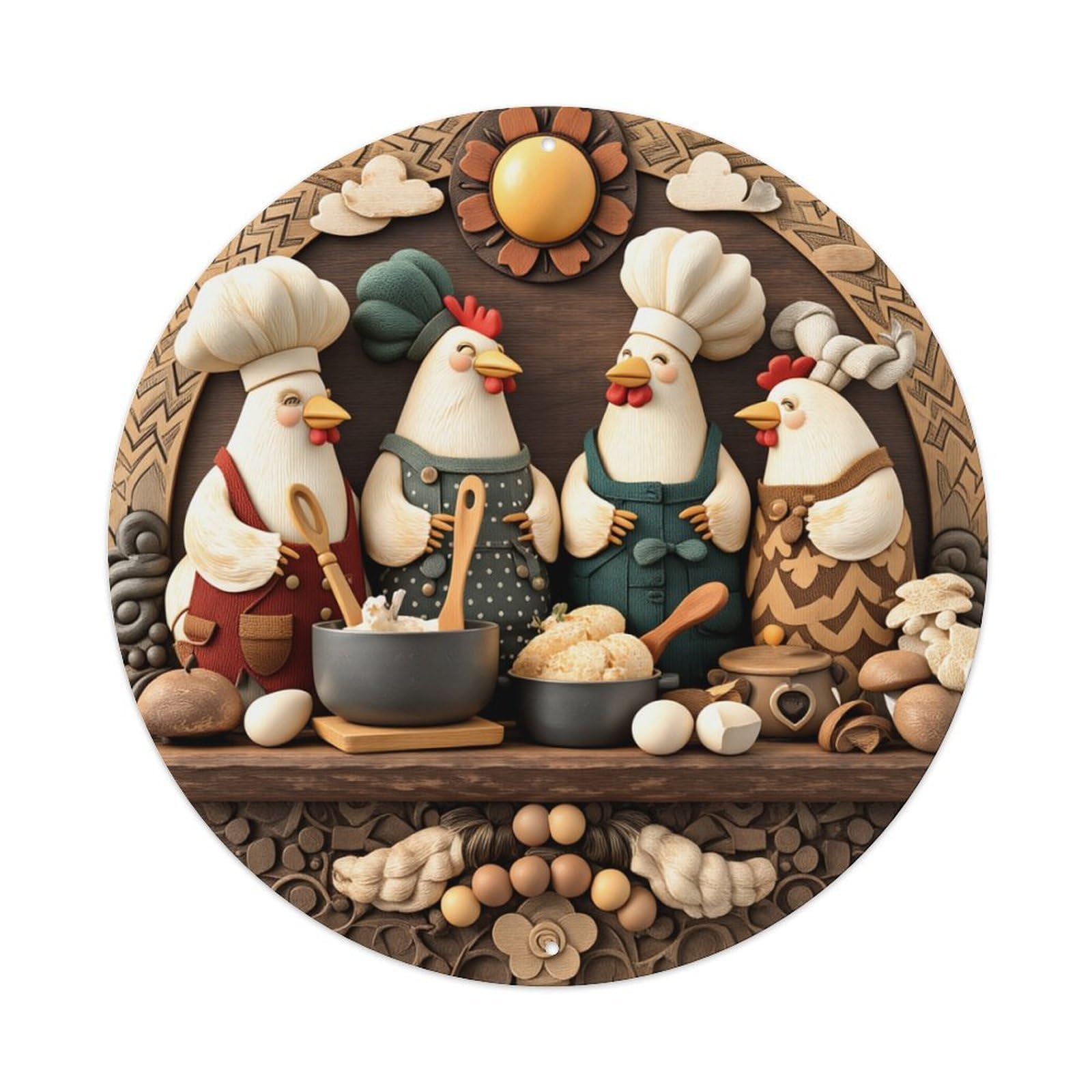 Chicken Chef Cooking Scene Pattern Round Tin Sign Retro Metal Sign for Cafe Bar Pub Home Game Room Gym Club Wall Decoration Vintage Metal Poster 8x8 Inch