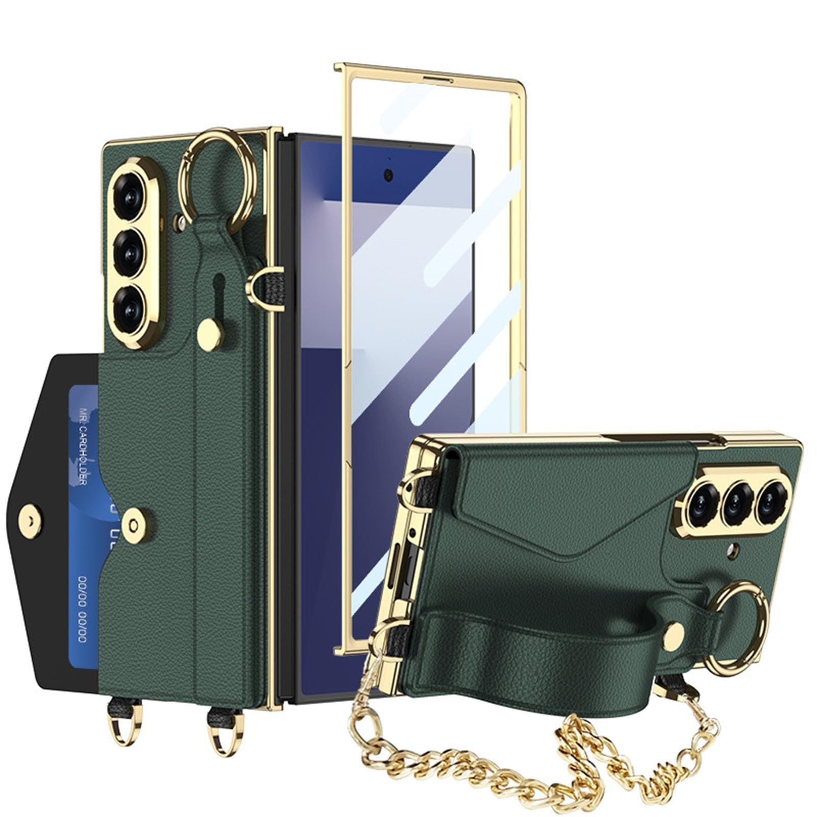 Generisch Etui do Samsung Galaxy Z Fold 7, skórzana bransoletka stojak przegródki na karty pokrowiec na telefon komórkowy metalowy łańcuszek etui ochronne folia ochronna na wyświetlacz osłona (Green2)