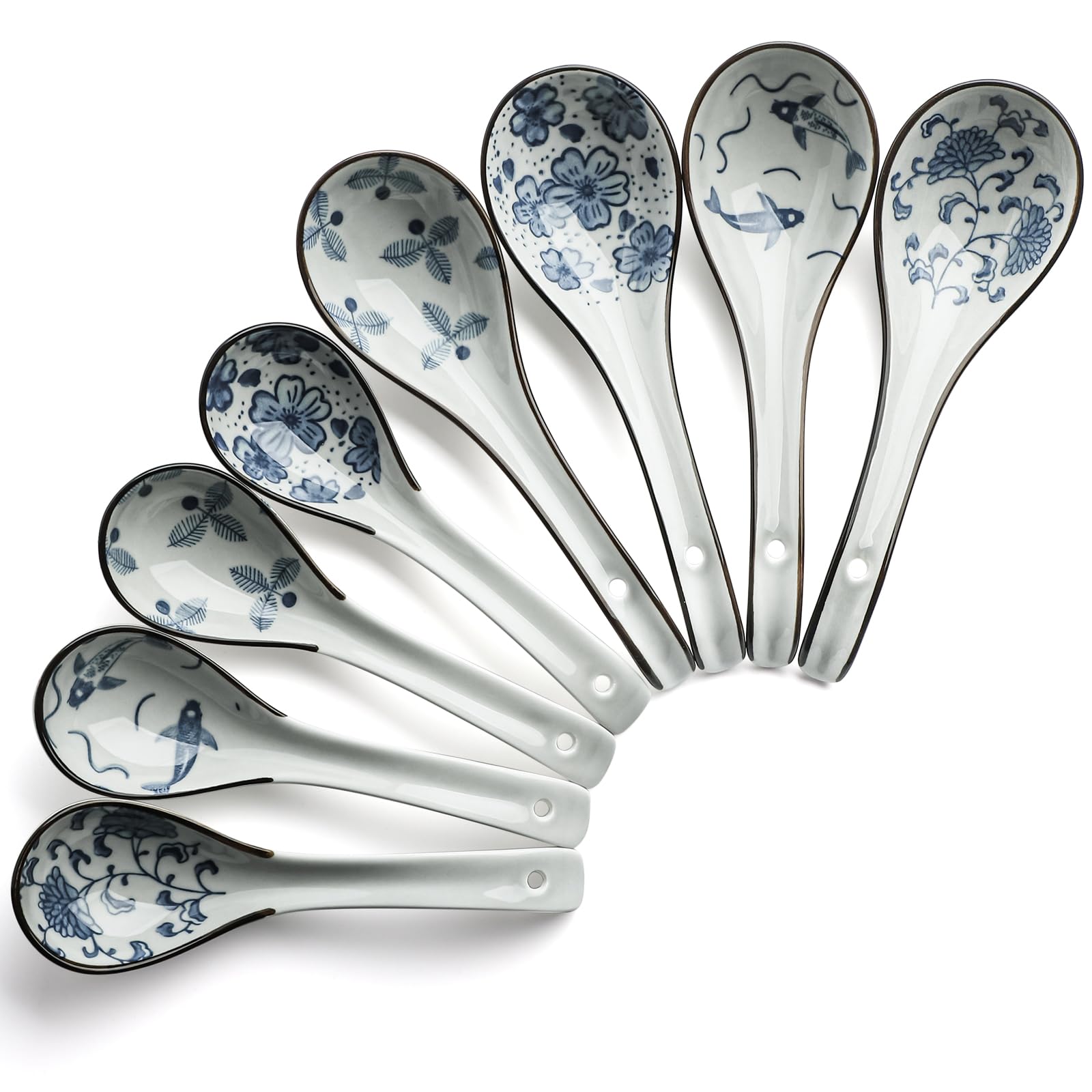Asiatische chinesische Suppenlöffel aus Keramik, 8 Stück, Porzellan-Ramenlöffel, Esslöffel für Miso Pho Knödel, Müsli (8, S4+M4)