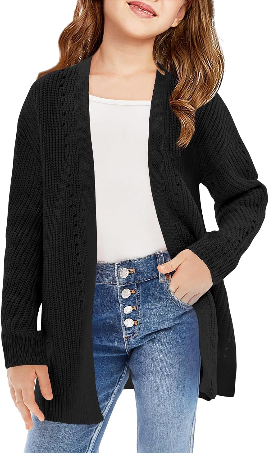 Haloumoning Girls Open Front Cardigan Sweaters Kids Fall Fashion Side Slit Outerwear 5-14 Years