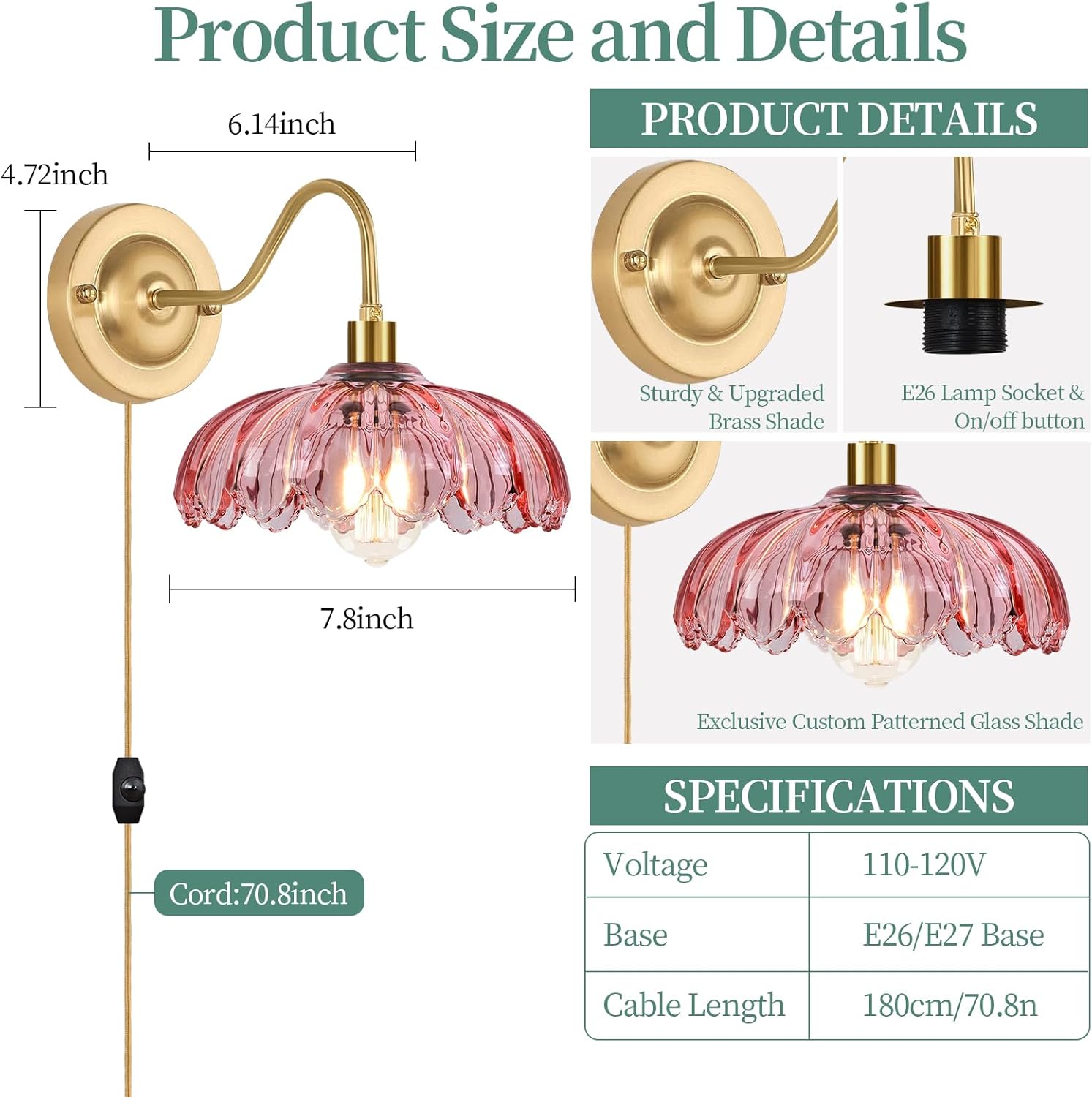 Vintage Plug in Wall Sconces Set of Two, Glass Wall Sconces Lamps with Flower Lampshade & Dimmable Plug in Cord, Dimmable Sconces Wall Decor Set of 2 Plug in Wall Lights Sconces for Bedroom