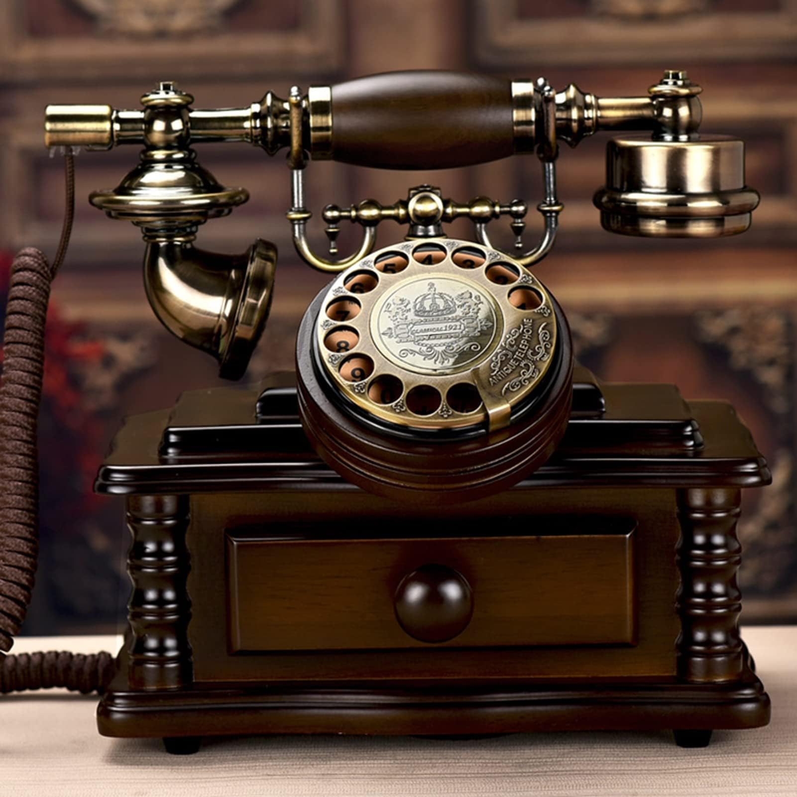 Przewodowy telefon stacjonarny, lite drewno retro design, vintage obrotowy telefon biurkowy z szufladą, klasyczny telefon do biura domowego