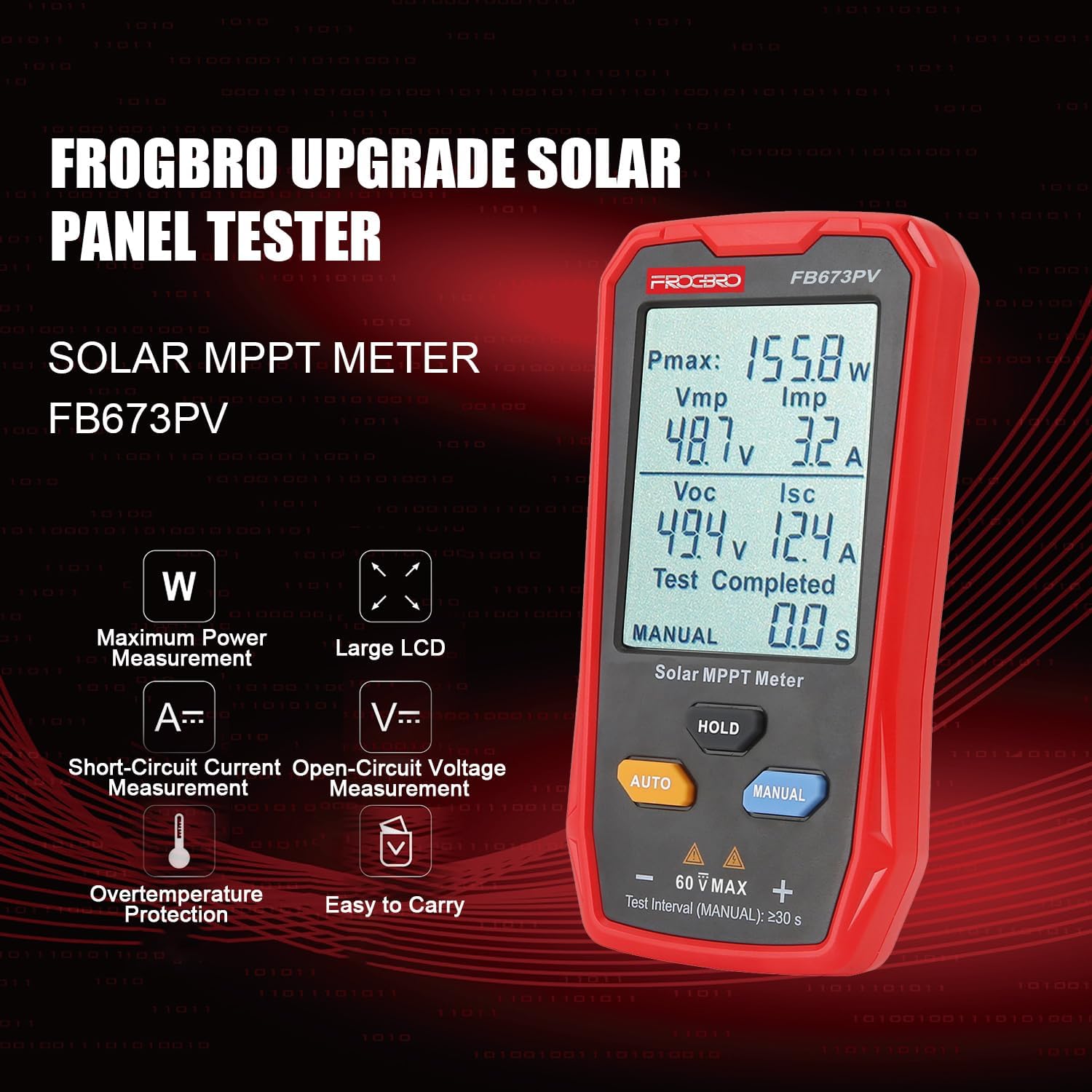 FrogBro Upgrade Solar Panel Tester Meter Photovoltaic Multimeter 800W, Solar MPPT Meter with Large Ultra Clear LCD, Smart MPPT Open Circuit Voltage Troubleshooting Utility Tool for Solar PV Testing