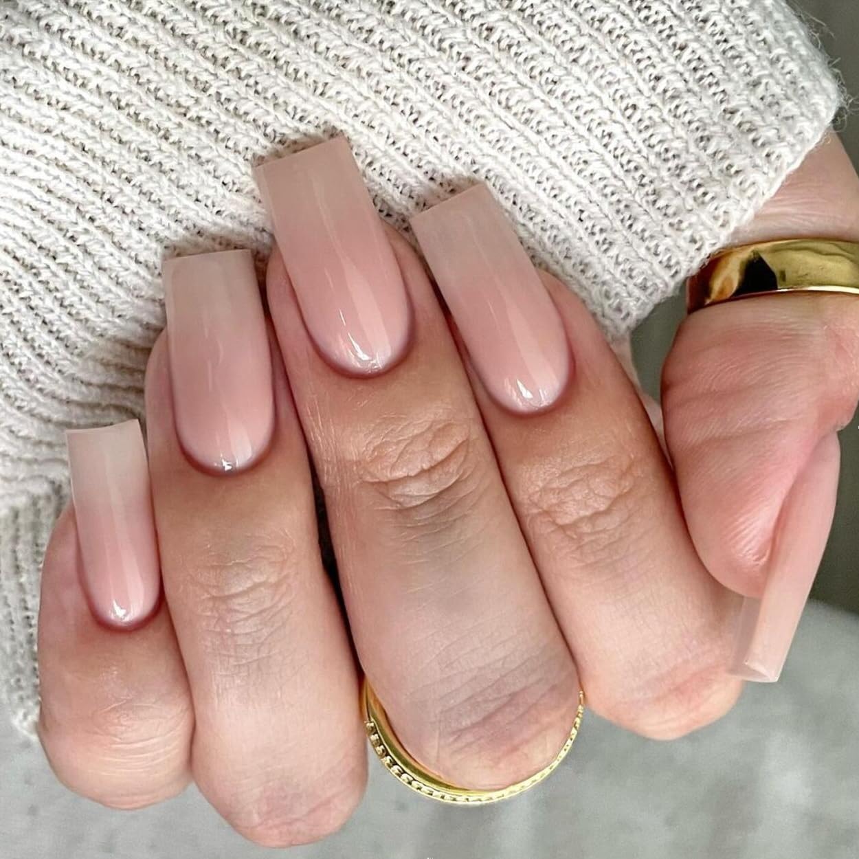 KQueenest Nude Press on Nails Long Medium Square, Natural Nude Fake Nails Medium Coffin, Glossy Sheer Color Acrylic Nails Press ons, Reusable Soft Gel