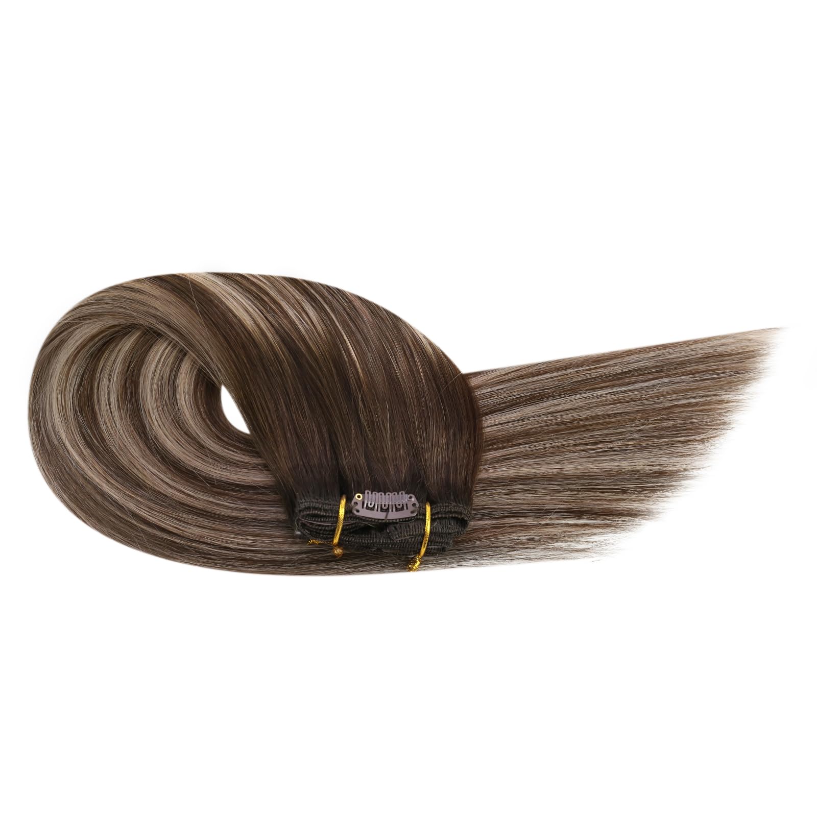 Ugeat Przedłużanie Włosów Clip in, Włosy Ludzkie, Balayage Ciemny Brąz, 50 cm 7 sztuk 120g, Włosy Clip in Extensions Popielaty Brąz, Remy Naturalne Proste