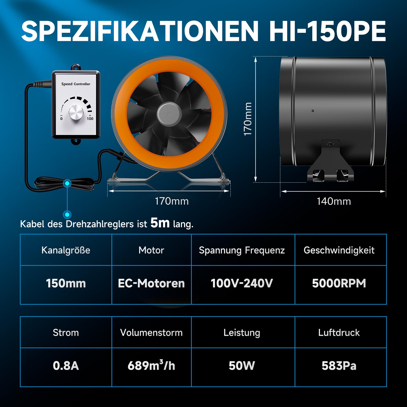 Kweektent Ventilatie Hon&Guan EC Buisventilator 150 Mm – 689 M³/u – Met Toerentalregelaar – Voor Kweektent, Garage, 3D-printer Hoge Luchtdruk Ventilator