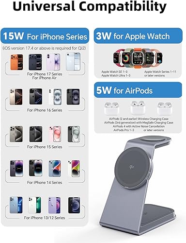 Miniatura 6 de Soporte de cargador inalámbrico magnético 3 en 1 2025 para dispositivos Apple, estación de carga rápida de 15 W con certificación TRIBONE Qi2 para