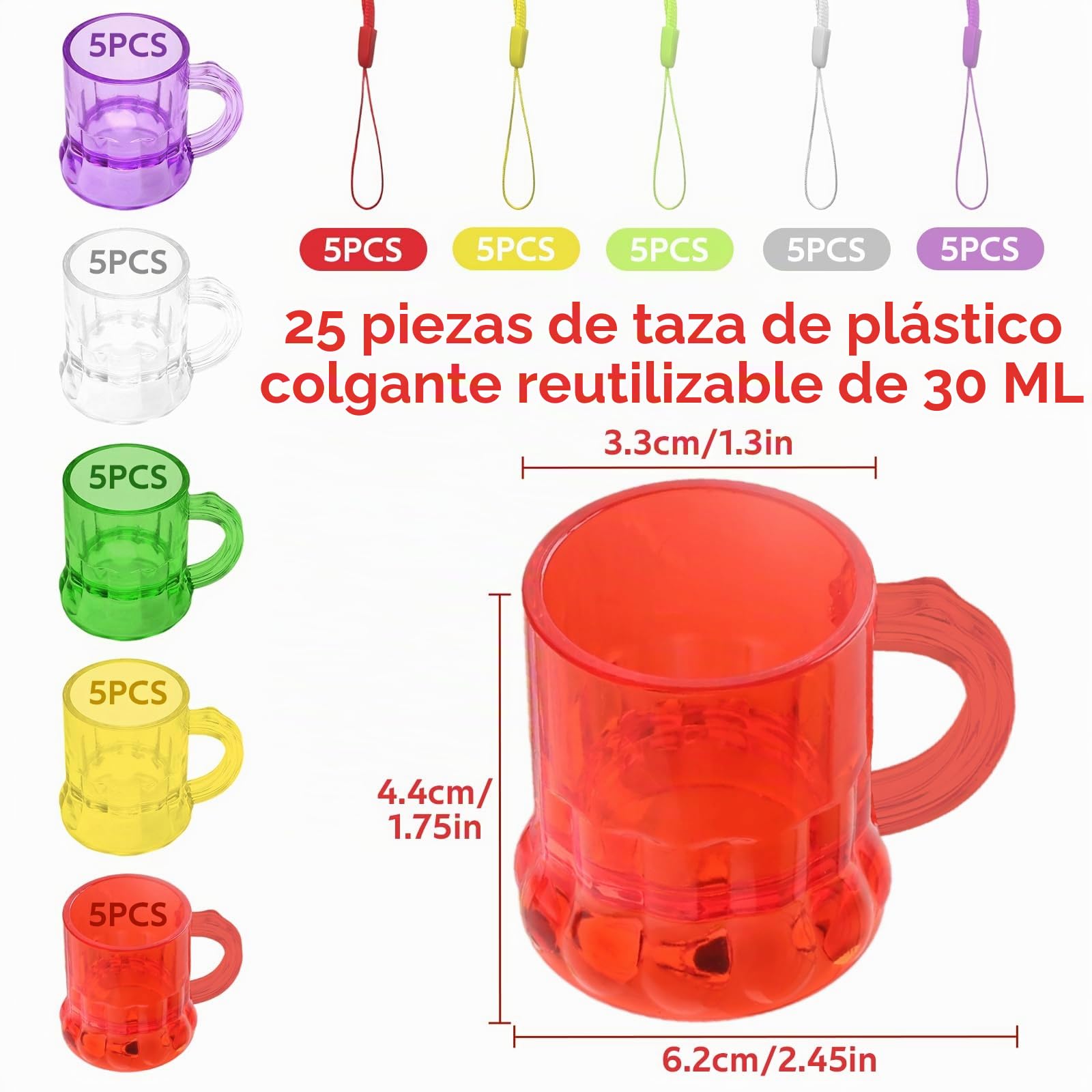 CoKeSun 25 Vasos de Chupito con Asa, 3cl Vaso de Chupito con Collar de Color con 25 Cadenas, Reutilizable Vasos de Chupito para Soltero Fiesta Temática de Carnaval Boda Cumpleaños